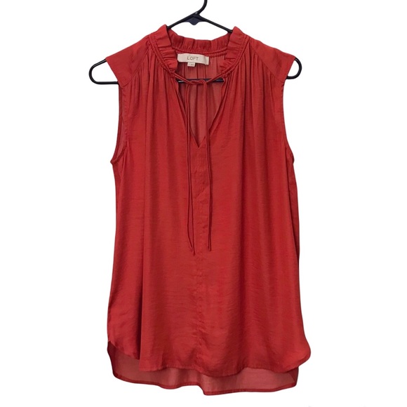 Loft Sleeveless Ruched Ruffled Coral V-Neck Small - Picture 1 of 4